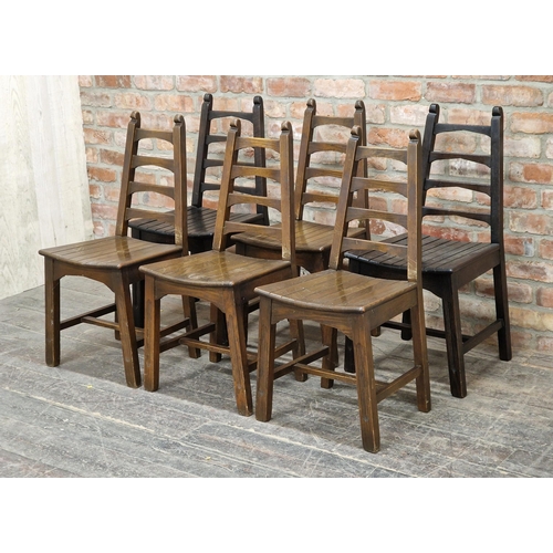 1244 - Webbers of Croydon - Set of six Arts and Crafts style oak dining chairs with tapered ladder backs an... 