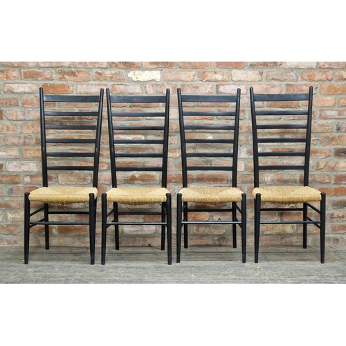 1253 - Set of four vintage Mid-Century Gio Ponti style ebonised ladderback dining chairs with rush seats, H... 