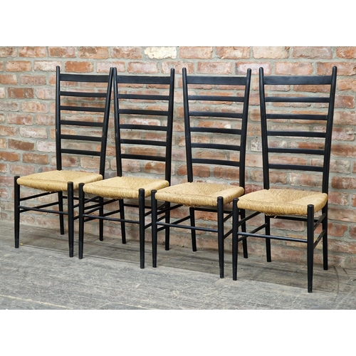 1253 - Set of four vintage Mid-Century Gio Ponti style ebonised ladderback dining chairs with rush seats, H... 