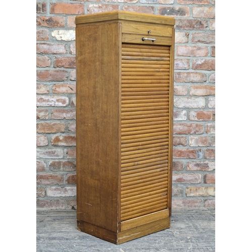 1254 - Vintage oak tambour fronted filing cabinet fitted with nine drawers, key, H 129cm x W 46cm x D 37cm