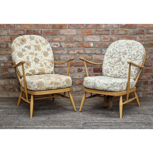 1262 - Ercol - Pair of vintage light elm Windsor armchairs with loose cushions, H 82cm (AF) (2)