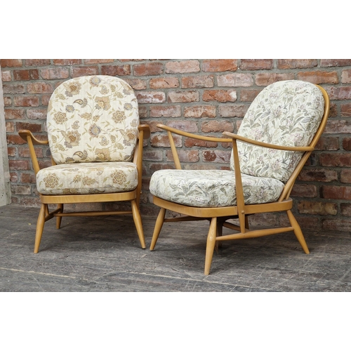 1262 - Ercol - Pair of vintage light elm Windsor armchairs with loose cushions, H 82cm (AF) (2)