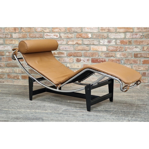 1265 - After Le Corbusier -  LC4 style chrome and leather chaise lounge, H 74cm x W 161cm x D 57.5cm