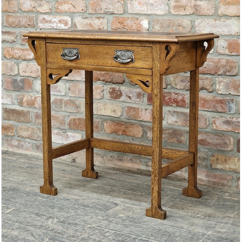 1267 - Liberty & Co - Arts and Crafts oak writing table with single drawer and inset leather top, H 73cm x ... 