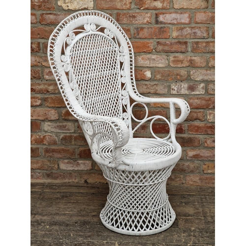 1269 - Vintage painted wicker peacock chair, H 118cm