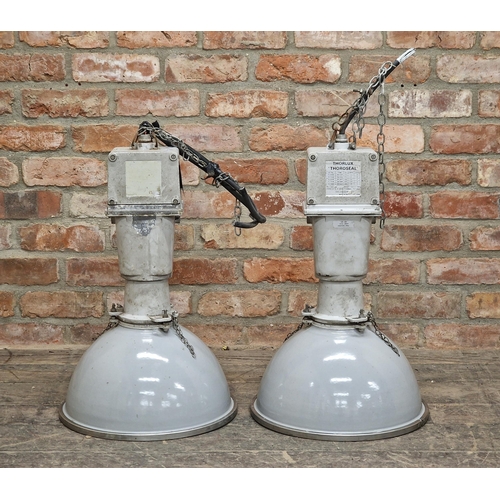 1137 - Pair of vintage industrial Thorlux enamel pendant factory lights, H 61cm (2)