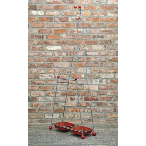 1275 - Vintage retro 'atomic' metal hall stand with twin drip trays, H 178cm