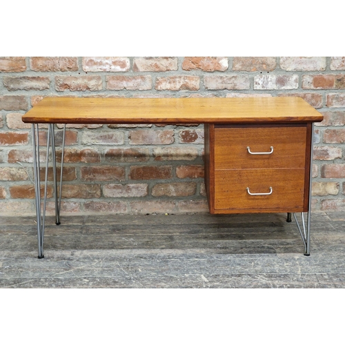 1166 - Vintage Danish teak low desk in the manner of Heinrich Roepstorff with two drawers raised on tubular... 