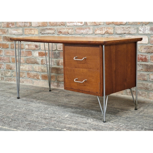 1166 - Vintage Danish teak low desk in the manner of Heinrich Roepstorff with two drawers raised on tubular... 