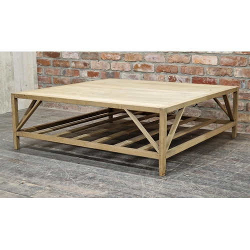 1173 - Vintage light oak coffee table with slatted under tier, H 40cm x W 120cm x D 120cm