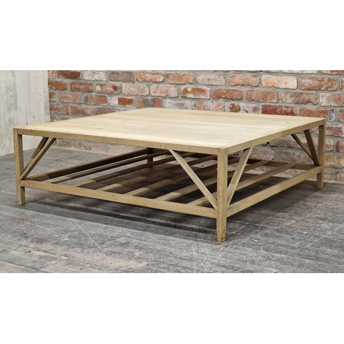 1173 - Vintage light oak coffee table with slatted under tier, H 40cm x W 120cm x D 120cm