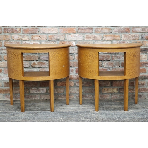 1177 - Pair of contemporary oak demi lume hall tables with central open cupboard, H 77cm x W 82cm x D 44cm ... 