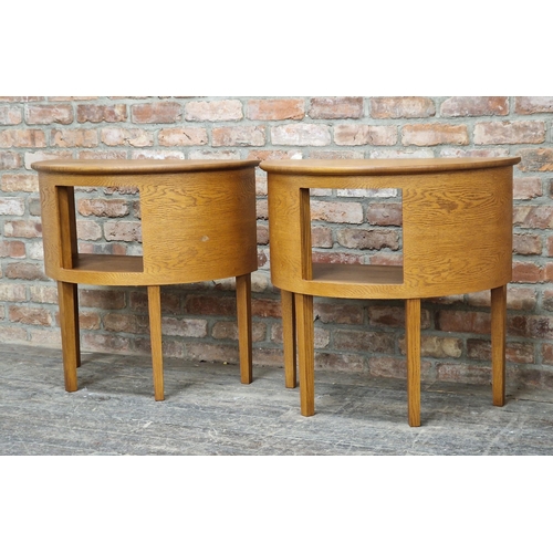 1177 - Pair of contemporary oak demi lume hall tables with central open cupboard, H 77cm x W 82cm x D 44cm ... 