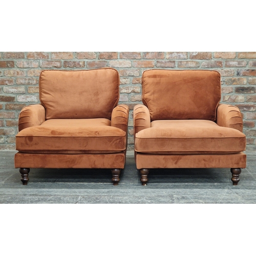 1193 - Pair of contemporary Howard style armchairs with velvet upholstery and loose cushions, H 91cm x W 90... 