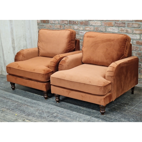 1193 - Pair of contemporary Howard style armchairs with velvet upholstery and loose cushions, H 91cm x W 90... 