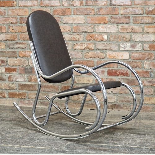 1206 - 20th Century thonet style chrome and faux leather rocking chair, H 106cm x W 50cm x D 112cm