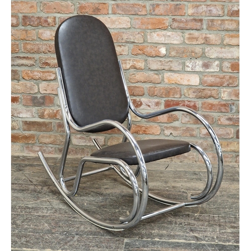 1206 - 20th Century thonet style chrome and faux leather rocking chair, H 106cm x W 50cm x D 112cm