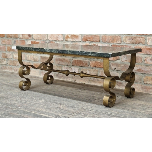 1221 - Vintage Mid-Century gilded metal coffee table of scrolled form with marble top, attributed to Robert... 