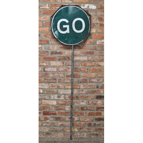 1417 - 'Stop War' anti-war graffiti metal road sign, H 210cm