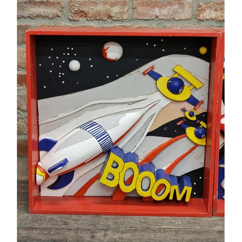 1373 - Three Pop Art aeronautical themed wooden diorama box displays in the style of Roy Lichtenstein (1923... 