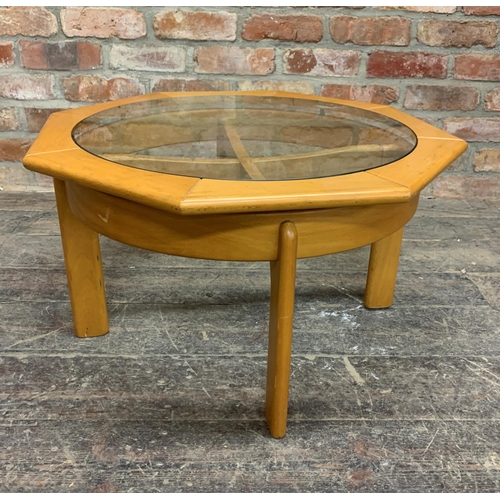 1329 - 20th Century octagonal coffee table with inset glass top, H 38cm x W 66cm