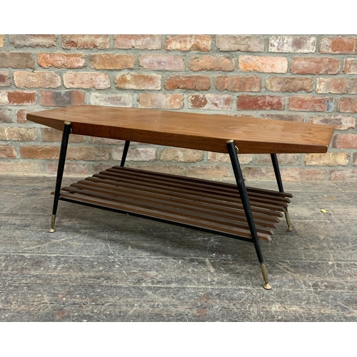 1365 - Mid-century Italian teak coffee table in the manner Gio Ponti, with slatted under tier and ebonised ... 