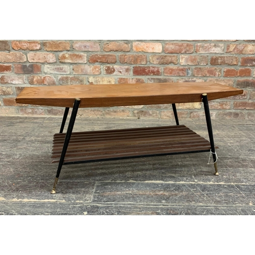 1365 - Mid-century Italian teak coffee table in the manner Gio Ponti, with slatted under tier and ebonised ... 