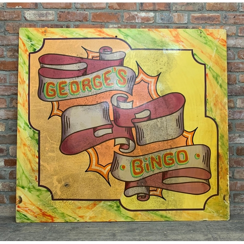 1043 - Hand painted 1950's wooden fairground 'Georges Bingo' shutter, 150cm x 138cm