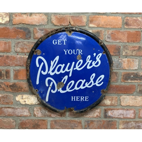 1048 - Advertising - get your players here please, blue and white enamel sign, D 58cm