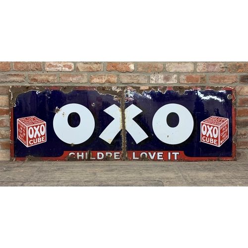 1051 - Advertising - OXO 'children love it' enamel sign, in two parts, 185cm x 60cm (AF)