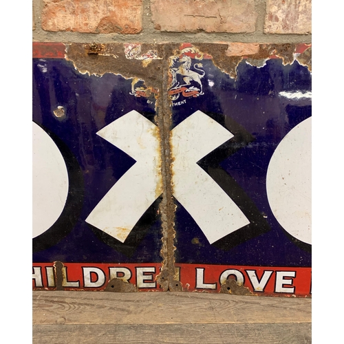 1051 - Advertising - OXO 'children love it' enamel sign, in two parts, 185cm x 60cm (AF)