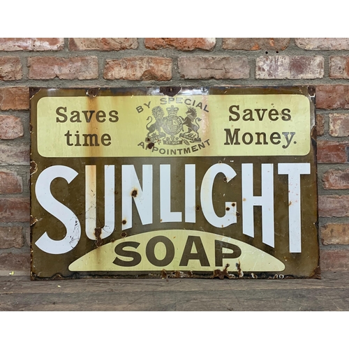 1053 - Advertising - Sunlight Soap 'saves time saves money, brown and yellow enamel sign, 82cm x 61cm