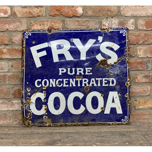 1054 - Advertising - Fry's pure concentrated cocoa, blue and white text enamel sign, 72cm x 65cm