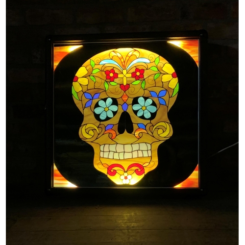 1057 - Impressive Day Of The Dead skull pattern stained glass window light box, working, 75cm x 75cm x 12cm