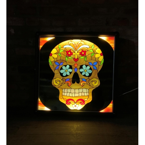 1057 - Impressive Day Of The Dead skull pattern stained glass window light box, working, 75cm x 75cm x 12cm