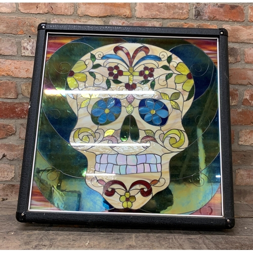 1057 - Impressive Day Of The Dead skull pattern stained glass window light box, working, 75cm x 75cm x 12cm