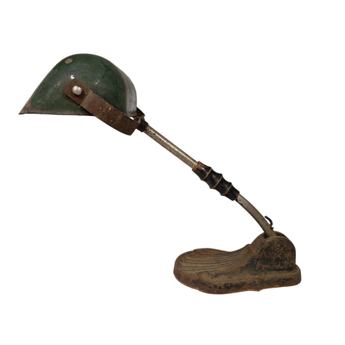 1131 - Antique bankers lamp with scalloped shell cast iron base and original green enamel shade, H 35cm