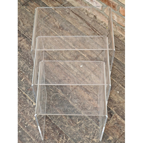 1223 - Vintage nest of three lucite tables, H 43cm x W 44cm x D 30cm (largest)