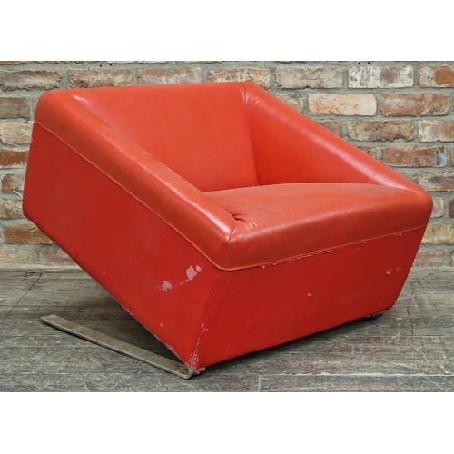 1225 - Vintage 20th Century red faux leather cubic chair raised on chrome supports, H 68cm x W 79cm x D 87c... 