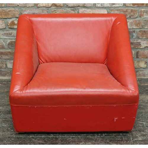 1225 - Vintage 20th Century red faux leather cubic chair raised on chrome supports, H 68cm x W 79cm x D 87c... 