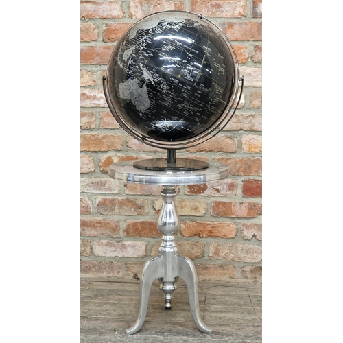 1232 - Contemporary black desk globe on a chrome metal stand together with an associated metal tripod table... 