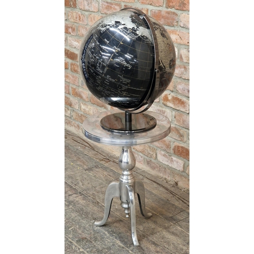 1232 - Contemporary black desk globe on a chrome metal stand together with an associated metal tripod table... 