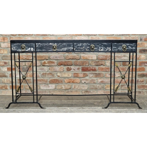 1237 - Roger Thibier - Vintage Mid-Century iron and faux marble console table with gilt metal lions mask mo... 