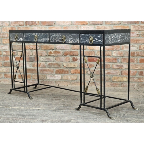 1237 - Roger Thibier - Vintage Mid-Century iron and faux marble console table with gilt metal lions mask mo... 