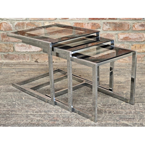 1280 - Contemporary chrome and smoked glass nest of tables, H 39cm x W 46cm x D 43cm