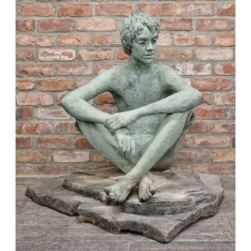 1387 - Marion Smith - Composite bronzed effect sculpture of a seated boy, H 86cm x W 110cm x D 110cm