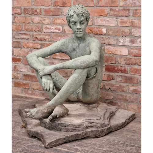 1387 - Marion Smith - Composite bronzed effect sculpture of a seated boy, H 86cm x W 110cm x D 110cm