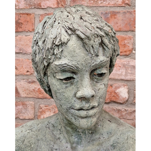 1387 - Marion Smith - Composite bronzed effect sculpture of a seated boy, H 86cm x W 110cm x D 110cm