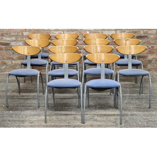 1306 - Set of 14 vintage metal stacking chairs with upholstered seats and plywood backs, H 78cm (14)