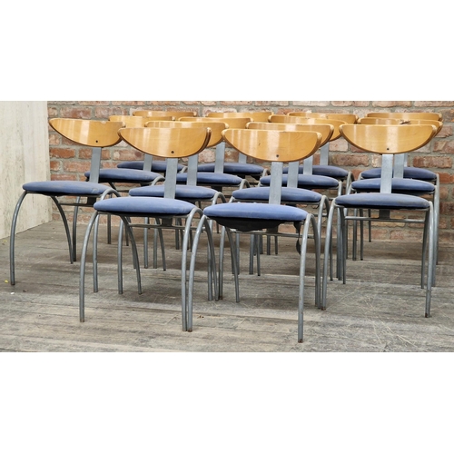 1306 - Set of 14 vintage metal stacking chairs with upholstered seats and plywood backs, H 78cm (14)